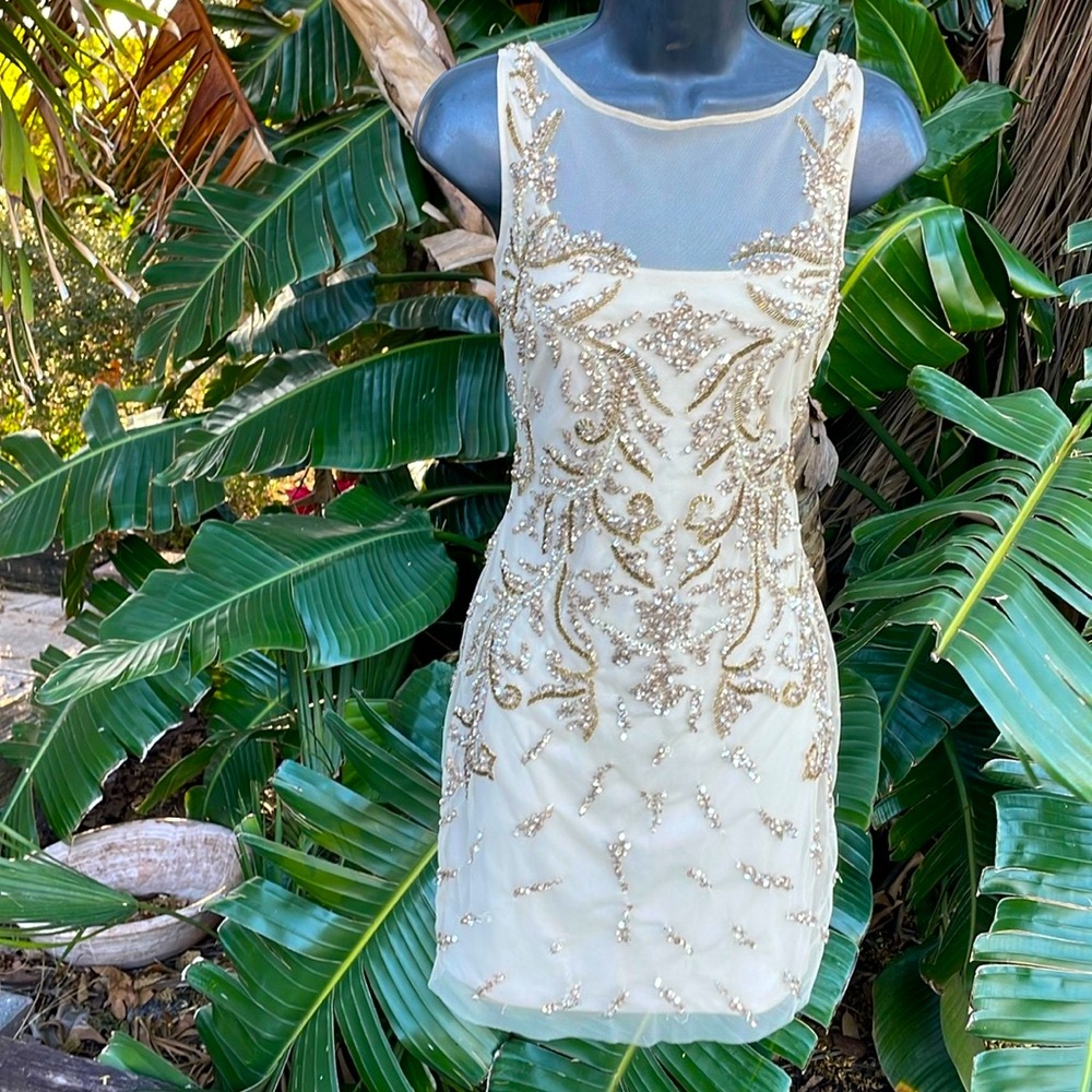 Aidan Mattox sheer gold sequin cocktail dress